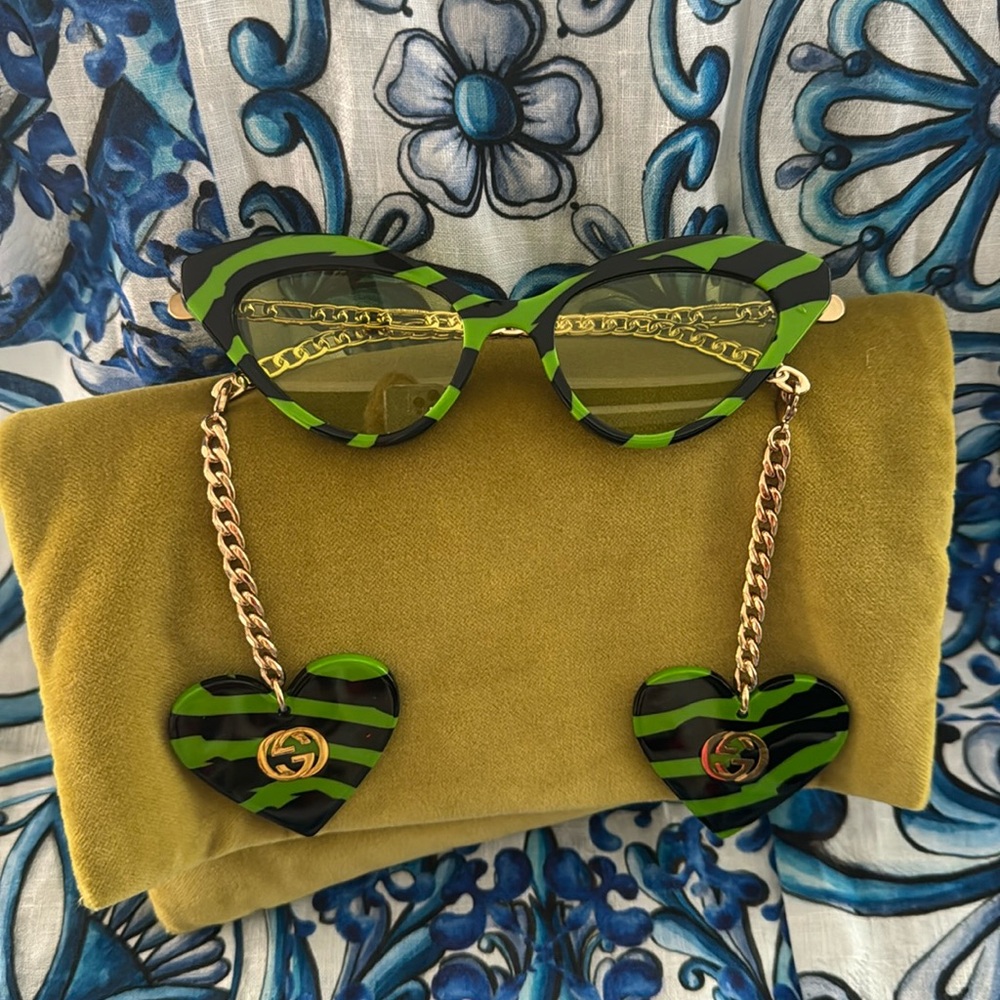 GUCCI Zebra-print cat-eye sunglasses and clips worn once GREEN & Black & Gold - Picture 4 of 10
